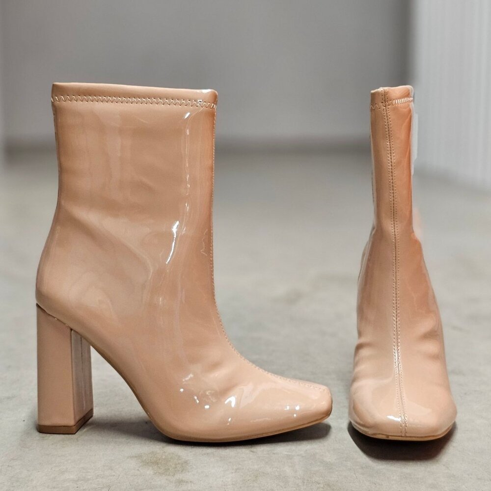 Nude Patent Leather Block Heel Ankle Boots With Side Zipper Closure For Women